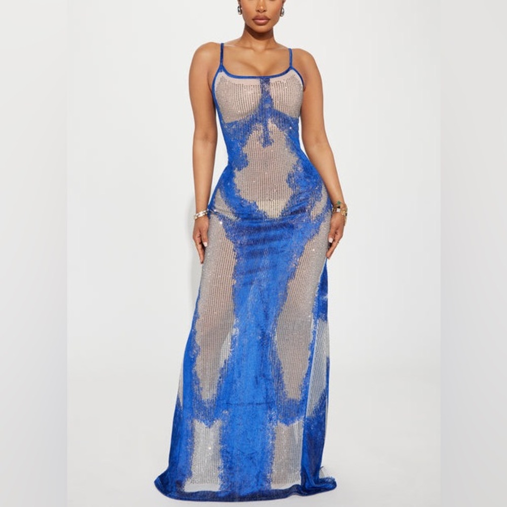 Sheer Blue Mesh Maxi Dress